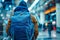 A man wearing a blue backpack is walking through a busy airport. Generative AI