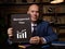 Man wearing blue business suit and showing black notepad with written text Management Fees . Blurred background. Horizontal mockup