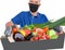 Man wearing blue t-shirt, surgical mask and gloves holding a crate filled with strawberries, tomatoes, cherries, green