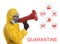 Man wearing chemical protective suit with megaphone against white background. Hold on quarantine rules during coronavirus