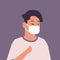 Man wearing face mask environmental industrial smog dust toxic air pollution and virus protection concept male cartoon