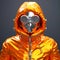 A man wearing a gas mask is wearing a bright orange hooded jacket. Nuclear winter fashion.