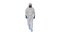 Man wearing hazmat suit walking on white background.