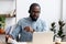 Man wearing headphones learn foreign language indoors