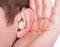 Man Wearing Hearing Aid And Listening For A Quiet Sound