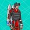 A man wearing a jetpack suit, basic red shirt with aerospace fragment gear.