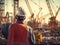 Man wearing an orange construction hat is standing in front of large group of cranes. He appears to be observing or