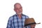 man wearing panama style straw hat with black ribbon isolated on white background, straw hat for woman and man head protection