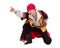 Man wearing a pirate costume posing with pointing gesture, isolated on white