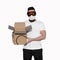Man wearing protective glasses and face mask with cardboard box, contactless delivery