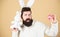 Man wearing rabbit suit. Funny bunny man soft ears. Easter activities concept. Weirdo concept. Celebrate Easter. Guy