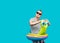 Man wearing sunglasses, striped shirt, swimming laps in the form of a snail looking away, blue background. Vacation