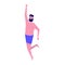 Man wearing swimsuit jumping on beach. Summer vacation concept.