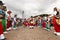 Man wearing traditional clothes and masks dancing the Huaylia in the Christmas day in front of the Cuzco Cathedral in Cuzco, Peru.