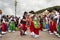 Man wearing traditional clothes and masks dancing the Huaylia in the Christmas day in front of the Cuzco Cathedral in Cuzco, Peru.