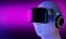 Man wearing VR goggles to enter metaverse or digital virtual world. Virtual future technology in cyberpunk light tones