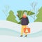Man Wearing Warm Clothes Carrying Christmas Tree On His Shoulder in Winter Landcape Vector Illustration