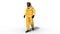 Man wearing yellow protective hazmat suit, human with gas mask dressed in biohazard outfit for chemical and toxic protection, 3D