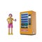 man wearing a yellow shirt, purple pants, standing drinking water, holding a water can. and an vending machine water dispenser