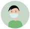 Man wears a medical face mask to prevent diseases such as coronavirus, flu, and air pollution. Virus prevention concept. Vector