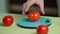 Man weighing fresh tomatoes on a kitchen electronic scale, close up