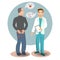 The man went to the doctor with pain. vector flat illustration of the disease of the sexual organ . Prostatitis. medical