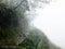 man at wet pathway on hill slope in rain