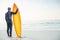 Man in wetsuit with a surfboard on a sunny day