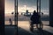 man in wheelchair boarding airplane, with view of the runway and aircraft