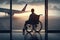 man in wheelchair boarding airplane, with view of the runway and aircraft