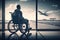 man in wheelchair, boarding airplane, with view of the runway and airport