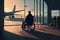 man in wheelchair, boarding airplane, with view of the runway and airport