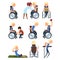 Man in wheelchair in different situations set, rehabilitation and active lifestyle of disabled people concept vector