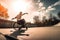 Man In Wheelchair enjoying in skate park outdoors with hard light and shadows