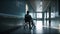 Man in a wheelchair in a hospital corridor. Generative Ai