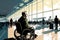 man in wheelchair with view of bustling airport terminal, navigating through crowds and lines