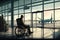 man in wheelchair, waiting for flight, with view of busy airport terminal