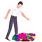 a man in a white shirt and dark trousers bent over a pile of multi-colored clothes, flat, isolated object on a white background,