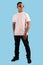Man with white t shirt isolated on background. Hipster man with tattoo wearing white t shirt ready for your mock up template
