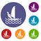 Man on windsurf icons set