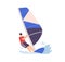 Man windsurfing, standing on board with sail on waves. Windsurfer riding and surfing sailboard. Boardsailing, extreme