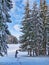 Man in winter forest in Rhodope Mountains, Bulgaria