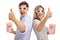 Man and woman with 3D glasses and popcorn holding thumbs up