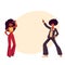 Man, woman with afro hair in 1970s clothes dancing disco