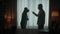 A man and a woman are arguing in the living room near the window. A silhouette of a couple arguing over the fact that