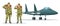 Man and woman army soldier carrying backpack characters with military jet fighter
