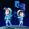 Man and woman astronauts on the Moon with a flag. Cosmonaut cute cartoon characters. Moon surface and space