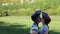 A man and a woman beautiful couple in helmet.