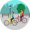 Man and woman on Bicycles on City street. Cyclists in the city. Flat illustration.