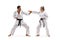 Man and woman with black belts in karate fighting